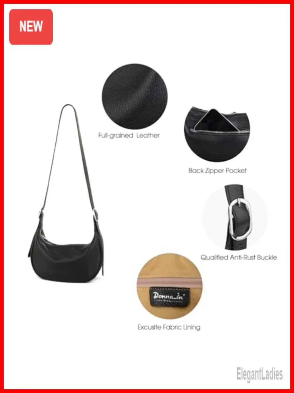 Full Grain Leather Hobo Bag Crescent Crossbody Shoulder Purse